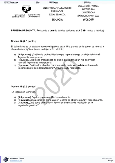 Vista previa de Examen PAU de Biología de País Vasco 2020 – Extraordinaria