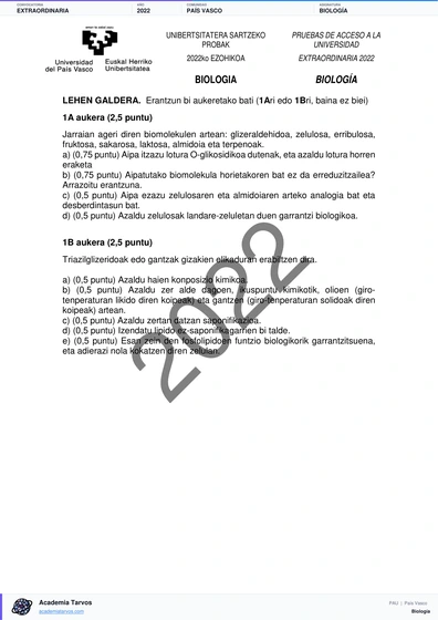 Vista previa de Examen PAU de Biología de País Vasco 2022 – Extraordinaria
