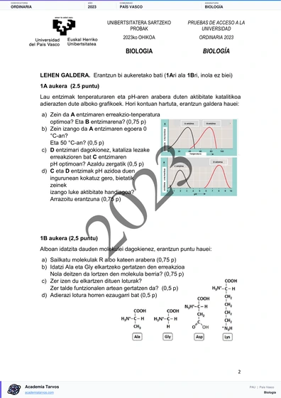 Vista previa de Examen PAU de Biología de País Vasco 2023 – Ordinaria