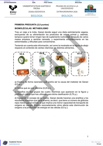 Vista previa de Examen PAU de Biología de País Vasco 2026 – Extraordinaria