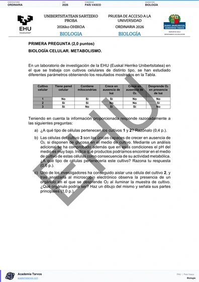 Vista previa de Examen PAU de Biología de País Vasco 2026 – Ordinaria