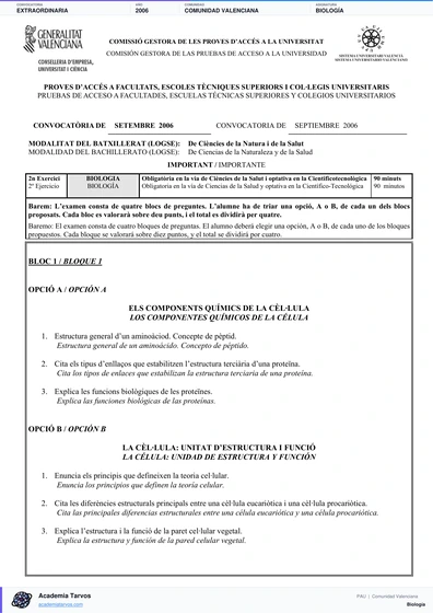Vista previa de Examen PAU de Biología de Comunitat Valenciana 2006 – Extraordinaria