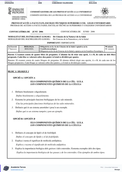 Vista previa de Examen PAU de Biología de Comunitat Valenciana 2006 – Ordinaria