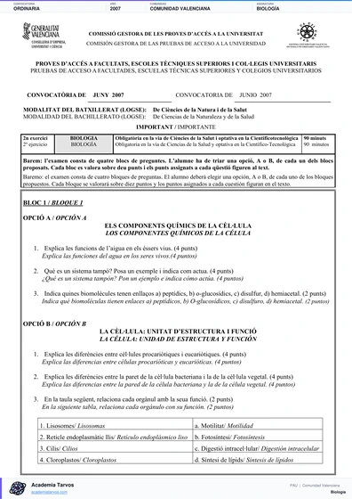 Vista previa de Examen PAU de Biología de Comunitat Valenciana 2007 – Ordinaria