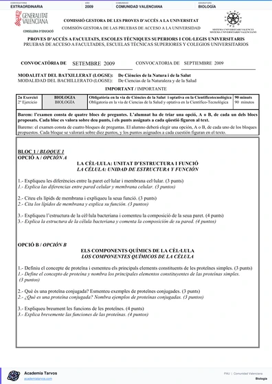 Vista previa de Examen PAU de Biología de Comunitat Valenciana 2009 – Extraordinaria