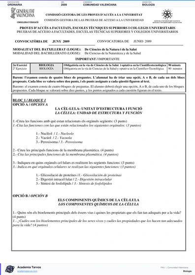 Vista previa de Examen PAU de Biología de Comunitat Valenciana 2009 – Ordinaria