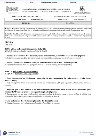 Vista previa de Examen PAU de Biología de Comunitat Valenciana 2011 – Extraordinaria