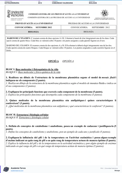 Vista previa de Examen PAU de Biología de Comunitat Valenciana 2012 – Extraordinaria