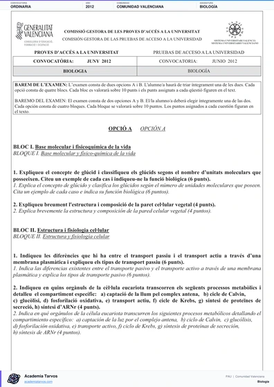 Vista previa de Examen PAU de Biología de Comunitat Valenciana 2012 – Ordinaria