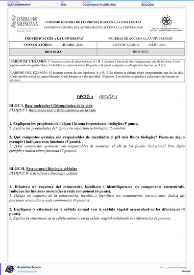 Vista previa de Examen PAU de Biología de Comunitat Valenciana 2013 – Extraordinaria