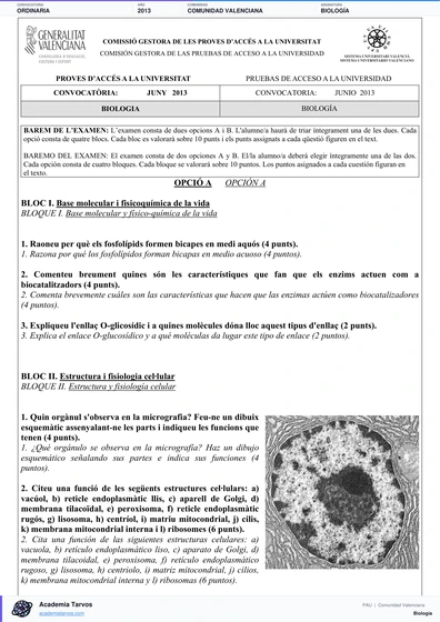 Vista previa de Examen PAU de Biología de Comunitat Valenciana 2013 – Ordinaria