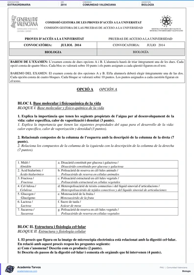 Vista previa de Examen PAU de Biología de Comunitat Valenciana 2014 – Extraordinaria