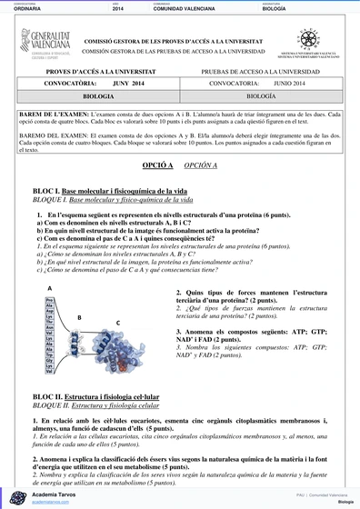 Vista previa de Examen PAU de Biología de Comunitat Valenciana 2014 – Ordinaria