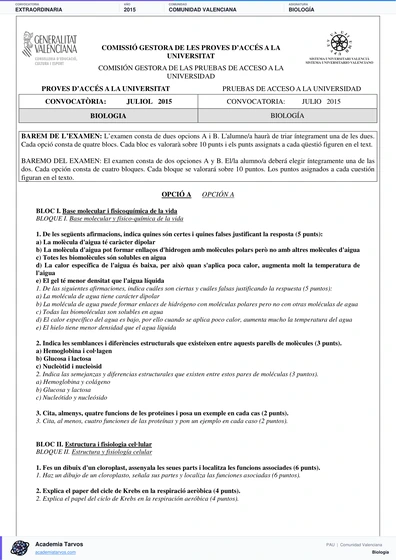 Vista previa de Examen PAU de Biología de Comunitat Valenciana 2015 – Extraordinaria