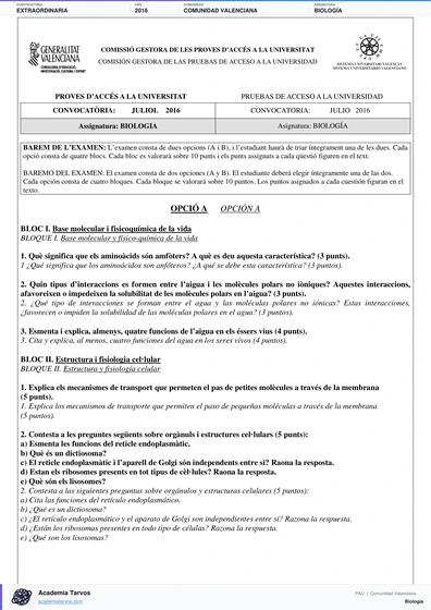 Vista previa de Examen PAU de Biología de Comunitat Valenciana 2016 – Extraordinaria