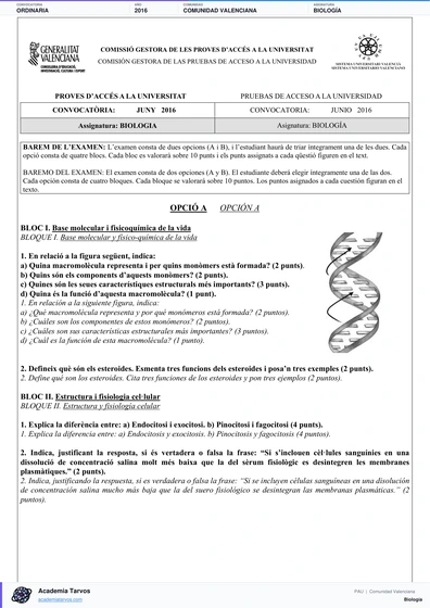 Vista previa de Examen PAU de Biología de Comunitat Valenciana 2016 – Ordinaria