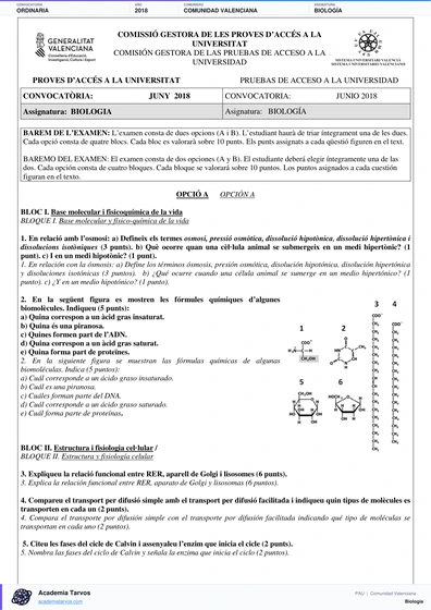 Vista previa de Examen PAU de Biología de Comunitat Valenciana 2018 – Ordinaria