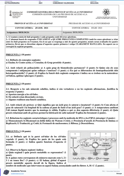 Vista previa de Examen PAU de Biología de Comunitat Valenciana 2021 – Extraordinaria