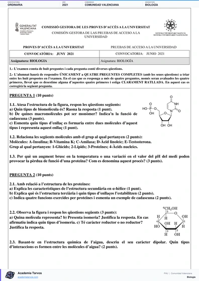 Vista previa de Examen PAU de Biología de Comunitat Valenciana 2021 – Ordinaria