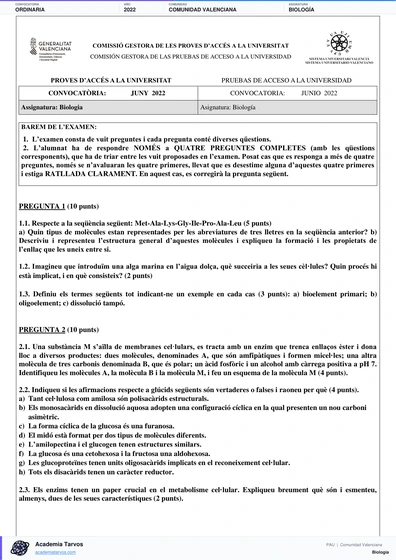 Vista previa de Examen PAU de Biología de Comunitat Valenciana 2022 – Ordinaria