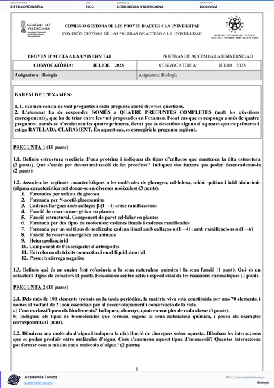 Vista previa de Examen PAU de Biología de Comunitat Valenciana 2023 – Extraordinaria