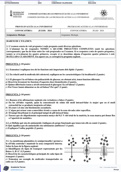 Vista previa de Examen PAU de Biología de Comunitat Valenciana 2024 – Extraordinaria