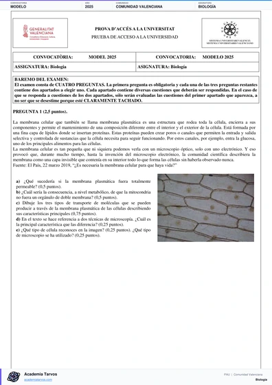 Vista previa de Modelo PAU de Biología de Comunitat Valenciana 2025