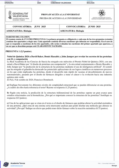 Vista previa de Examen PAU de Biología de Comunitat Valenciana 2025 – Ordinaria