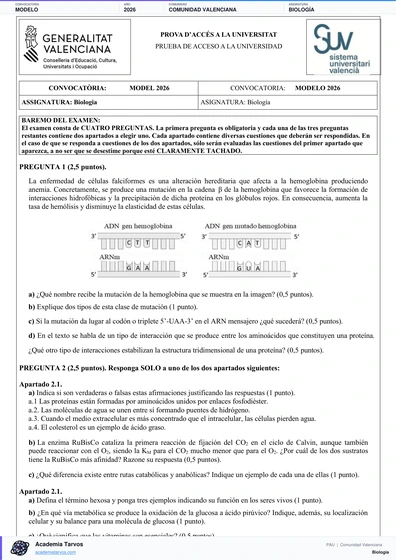 Vista previa de Modelo PAU de Biología de Comunitat Valenciana 2026