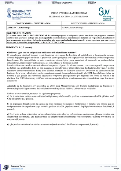 Vista previa de Examen PAU de Biología de Comunitat Valenciana 2026 – Ordinaria