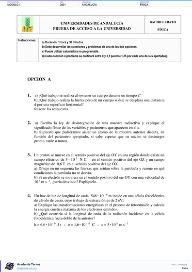 Vista previa de Modelo PAU de Física de Andalucía 2001 – Modelo 1