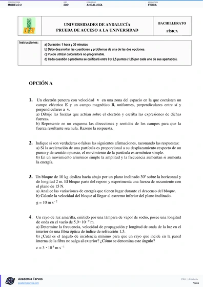 Vista previa de Modelo PAU de Física de Andalucía 2001 – Modelo 2