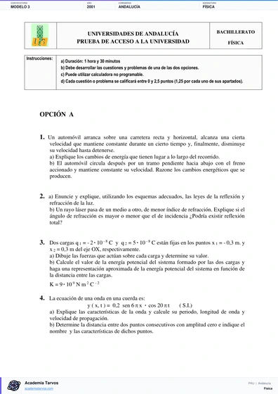 Vista previa de Modelo PAU de Física de Andalucía 2001 – Modelo 3