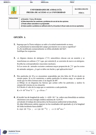 Vista previa de Modelo PAU de Física de Andalucía 2001 – Modelo 4