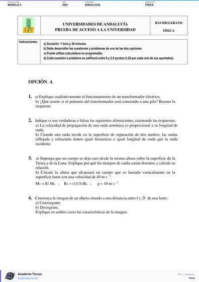 Vista previa de Modelo PAU de Física de Andalucía 2001 – Modelo 5