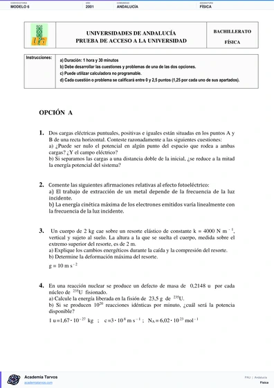 Vista previa de Modelo PAU de Física de Andalucía 2001 – Modelo 6