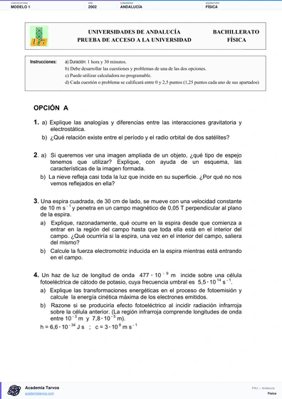 Vista previa de Modelo PAU de Física de Andalucía 2002 – Modelo 1