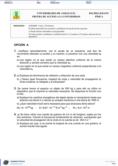 Vista previa de Modelo PAU de Física de Andalucía 2002 – Modelo 2