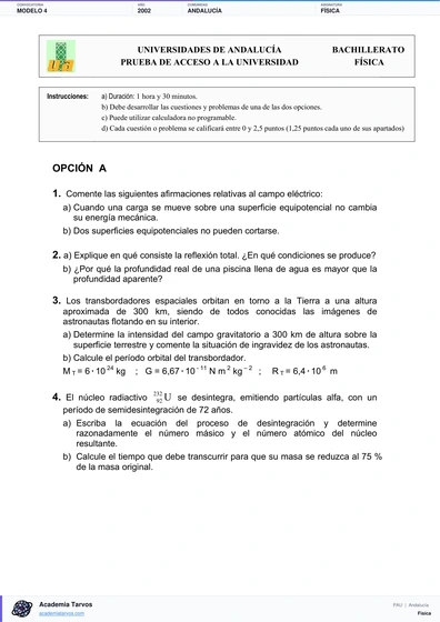Vista previa de Modelo PAU de Física de Andalucía 2002 – Modelo 4