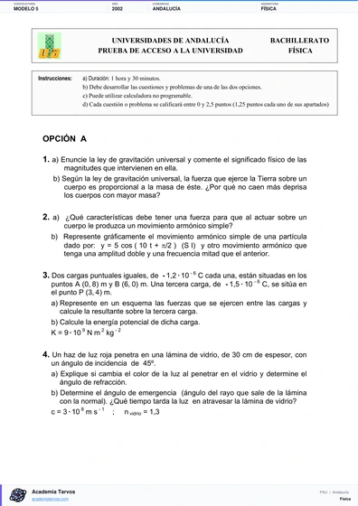 Vista previa de Modelo PAU de Física de Andalucía 2002 – Modelo 5