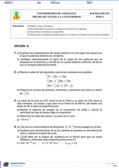 Vista previa de Modelo PAU de Física de Andalucía 2002 – Modelo 6