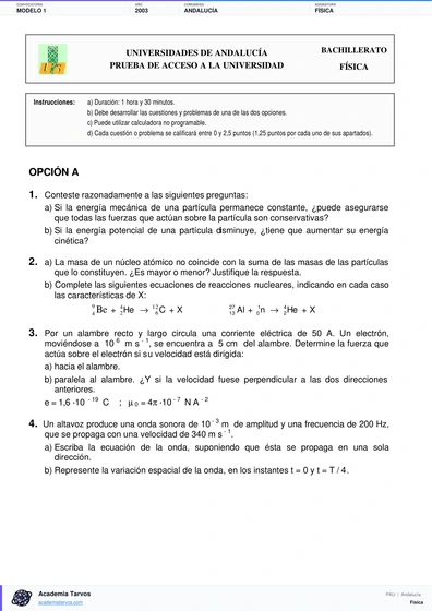 Vista previa de Modelo PAU de Física de Andalucía 2003 – Modelo 1