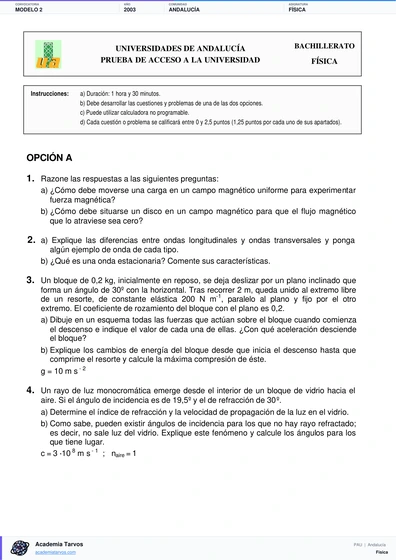 Vista previa de Modelo PAU de Física de Andalucía 2003 – Modelo 2