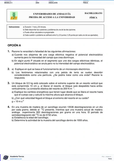 Vista previa de Modelo PAU de Física de Andalucía 2003 – Modelo 4
