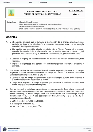 Vista previa de Modelo PAU de Física de Andalucía 2003 – Modelo 5