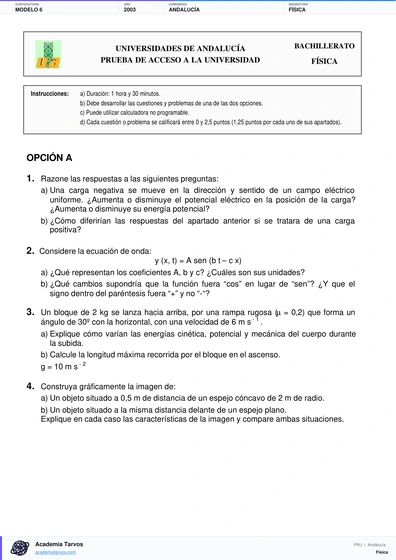 Vista previa de Modelo PAU de Física de Andalucía 2003 – Modelo 6
