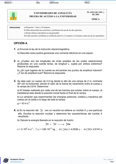 Vista previa de Modelo PAU de Física de Andalucía 2004 – Modelo 1