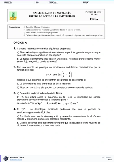 Vista previa de Modelo PAU de Física de Andalucía 2004 – Modelo 2