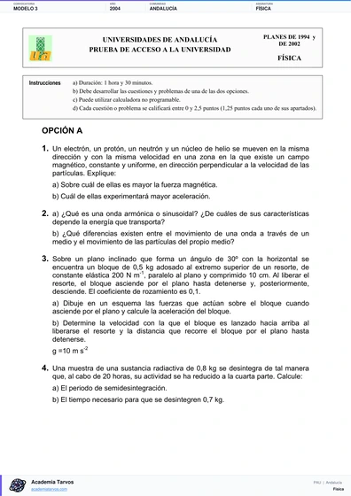 Vista previa de Modelo PAU de Física de Andalucía 2004 – Modelo 3