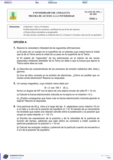 Vista previa de Modelo PAU de Física de Andalucía 2004 – Modelo 4
